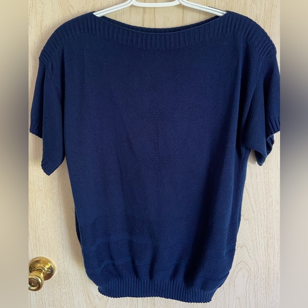 Kenneth Too Plus Blue Anchor Intarsia Knit Vintage 70s Plus Size Sweater Top XL